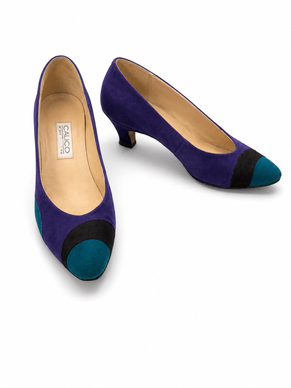 Vintage Calico Violet Suede Low Heel Pumps with Teal Accent
